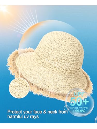 LA CARRIE Womens Sun Hat Floppy Packable Wide Brim UV Protection UPF 50+ Straw Hat with Fringe for Summer Beach - color: Beige