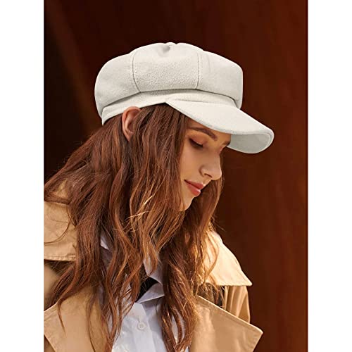 Women’s Newsboy Cap Wool Blend Retro Solid Color Girls Fashion Gatsby Cabbie Visor Beret Hat - color: Beige