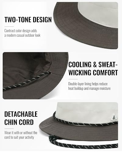 CLAPE Sun Protection Bucket Hat for Men Women, Reversible Packable Sun Hat with Chin Strap for Travel Hiking Beach - color: Bk2601-lightgrayblack