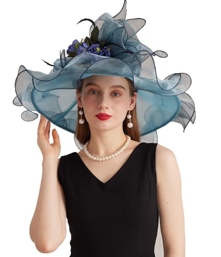 Women Derby Church Hat Organza Flower Wedding Tea Party Fascinator Wide Brim Sun Hat - color: 13-cyan