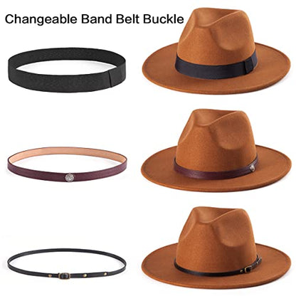 Felt Wide Brim Fedora Hats for Women Men, with Band Belt Buckle, Adjustable - color: P16 Dark Camel