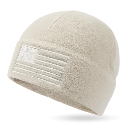 OUTDOOR SHAPING American Flag Fleece Beanie with Embroidered Patch Hat - color: Oatmeal