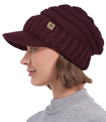 Women Men Winter Beanie Hat with Visor, Warm Fleece Lined Beanie Cap, Thick Knit Cap Slouchy Hat with Brim - color: Dark Red