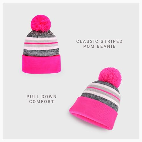 Pom Pom Beanie Cuffed Knit Winter Hat Skull Cap Striped Novelty Men Women - color: (Hot Pink)