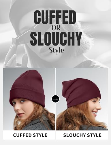 Fleece Lined Wool Beanie Hat Men Women, Warm Cuffed Winter Cap - color: Winered