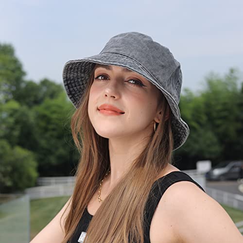 Washed Cotton Bucket Hats Packable Summer Beach Cap for Men Women - color: Ce-bh-black-white-khaki