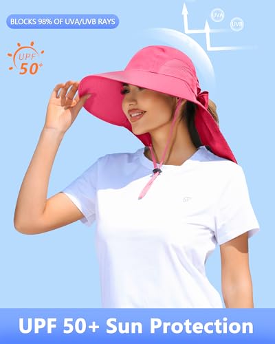 Womens Sun Hat Outdoor UV Protection Wide Brim Fishing Hat with Ponytail Hole Neck Flap for Beach Hiking Camping - color: Sun Hat-watermelon Red