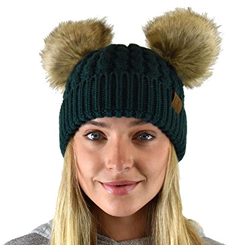 C.C 2 Ear Pom Pom Cable Knit Soft Stretch Cuff Skully Beanie Hat - color: Faux Fur Deep Pine