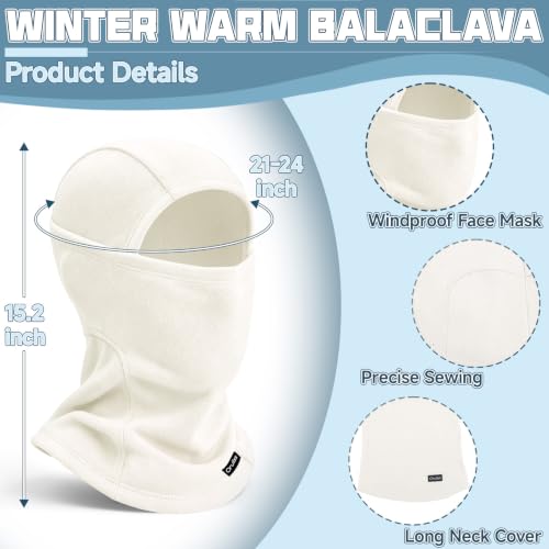 Balaclava Ski Mask for Men Women, Warm Fleece Face Mask Full Cover for Cold Weather Skiing Cycling, Ponytail Friendly - color: White