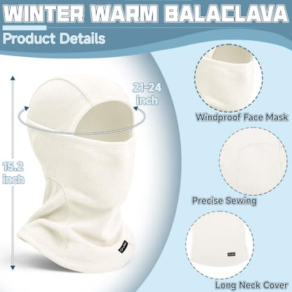 Balaclava Ski Mask for Men Women, Warm Fleece Face Mask Full Cover for Cold Weather Skiing Cycling, Ponytail Friendly - color: White