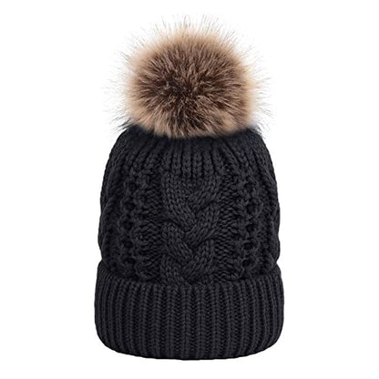 TOPTIE Slouchy Knit Beanie Hat for Women Faux Fur Pom Pom Fleece Lined - color: Black