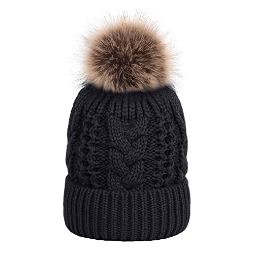 TOPTIE Slouchy Knit Beanie Hat for Women Faux Fur Pom Pom Fleece Lined - color: Black