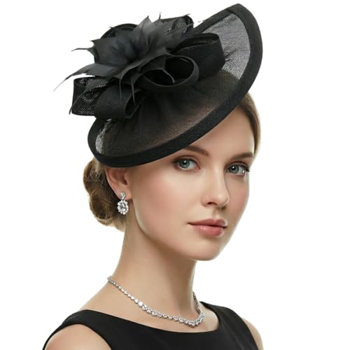 DRESHOW Fascinators Hat Feather Headband Women's Fascinators Tea Party Headwear with Clip Flower Head Band for Girls & Women - color: Medium Size: Black