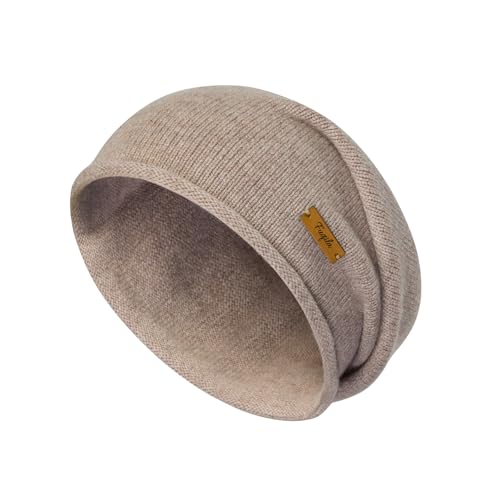 100% Merino Wool Slouchy Beanie Hat, Women Warm Winter Caps Soft, Ladies Breathable & Cozy Stretchy Knitted Skull Cap - color: Light Camel