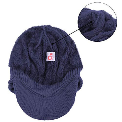 Women's Winter Cable Knitted Visor Beanie Fleece Lining Ear Flap Baseball Cap Hunting Trapper Hat with Billed - color: Blue,navy