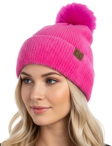 Funky Junque Beanie for Women Ultra Soft Chenille Faux Fur Pom Pom Winter Hats Warm Ski Cap Fashion - color: Hot Pink