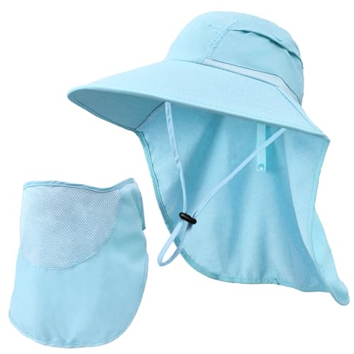Sun Hats for Men Women Detachable Face Cover Wide Brim Fishing Hats with Neck Flap UPF 50+ Outdoor Safari Hats - color: Blue