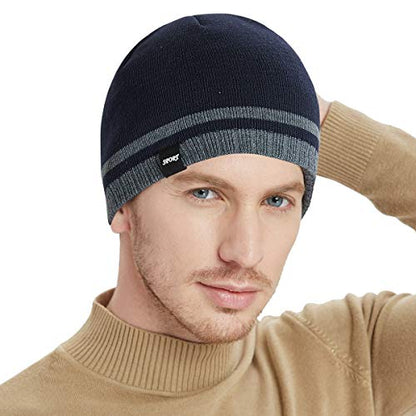 Mens Winter Beanie Hat Warm Knit Cuffed Plain Toboggan Ski Skull Cap (3 Patterns) - color: A4-navy