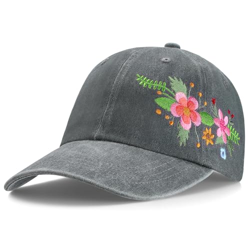 Trendy Handmade Embroidered Baseball Cap for Girls Women, Vintage Wash - style: Floral(gray)