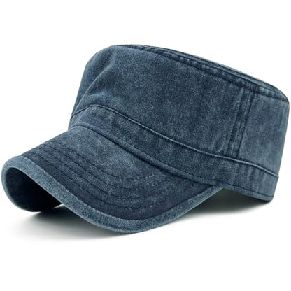 Washed Cotton Military Hat Cadet Cap Army Flat Top Basic Everyday - color: Navy, size: Medium-Large