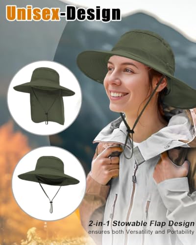 Outdoor Sun Hats with Stowable Neck Flap for Men Women UPF 50+ Mesh Summer Bucket Hat Wide Brim for Fishing Safari Hiking - color: Army Green