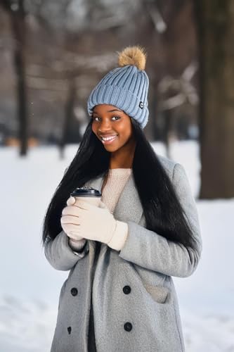 Funky Junque Women’s Winter Detachable Pom Beanie – Warm Knit Hat with Removable Faux Fur Pom, Soft Stretch Acrylic Cozy Cap - color: Denim