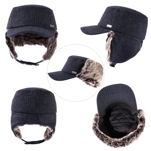TOP-EX Oversized XL/XXL Unisex Winter Trapper Military Hat Faux Fur Earflaps Quilted Lined Baseball Cap - color: Navy(twill), size: Medium