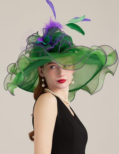 Women Derby Church Hat Organza Flower Wedding Tea Party Fascinator Wide Brim Sun Hat - color: 11-dark Green
