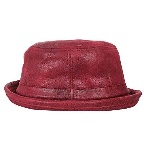 ililily Vintage Faux Leather Short Brim Bucket Hat Flat Top Basic Hat - color: Red, size: Medium