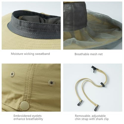 BASSDASH UPF 50+ Mosquito Sun Hat with Hidden Head Net and Neck Flap for Men Women Outdoor Fishing Hiking Camping - color: Khaki