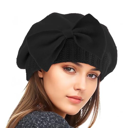 Century Star Lady French Beret Hats for Women Chic Wool Beret for Adults Fashionable Winter Warm Cap Beanie Hats - color: Black