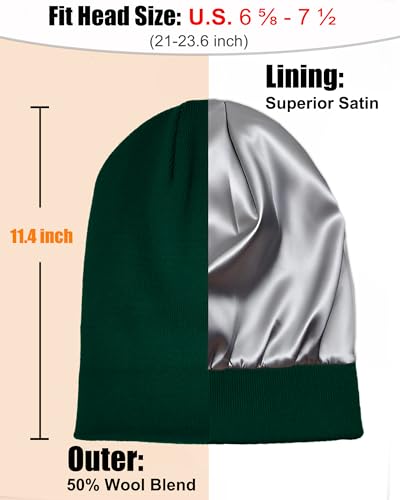 ROYBENS Satin Lined Beanie Hat for Women Men, Wool Knit Cuffed Winter Hats - color: 1pcs Wood Green
