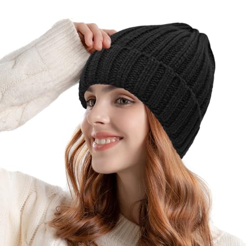 ZOORON 1&2 Winter Beanie for Women Soft Warm Slouchy Knit Hat Ski Stocking Cuffed Cap - color: Black
