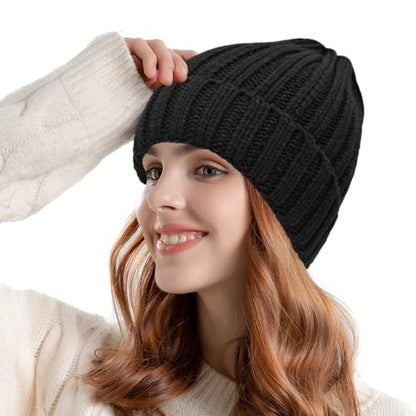ZOORON 1&2 Winter Beanie for Women Soft Warm Slouchy Knit Hat Ski Stocking Cuffed Cap - color: Black