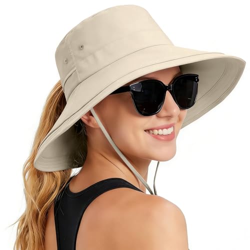 Rosoz Women Sun Hat with Ponytail Hole Wide Brim Bucket Hats UPF 50+ Beach Hiking Gardening Hat Water-Resistant Outdoot Hat - color: Beige
