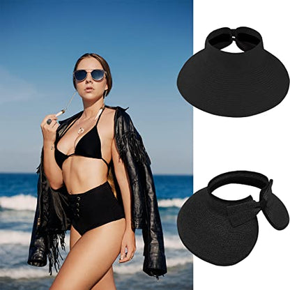 DOOVID Womens Summer Straw Hats Wide Brim Sun Hat UV Protection Visor Foldable Beach Hat for Women - color: Black