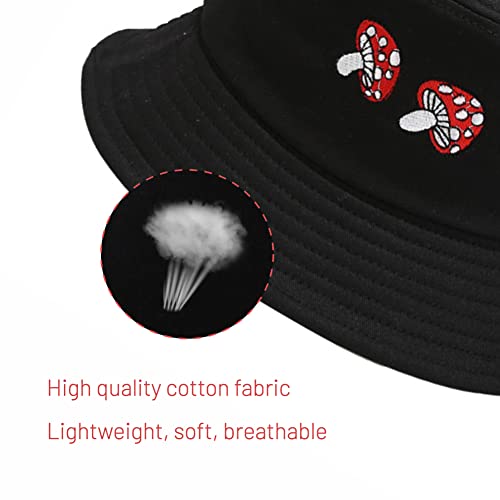 Cotton Bucket Hat for Women Men Summer Travel Sun Beach Bucket Cap, Unisex Outdoor Fisherman Hat - color: Mushroom Black