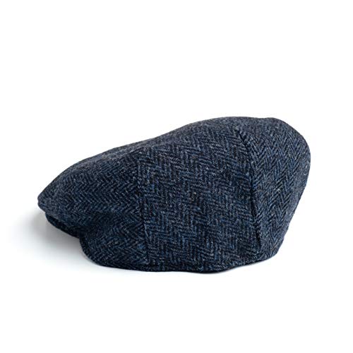 Hanna Hats Traditional Irish Tweed Wool Vintage Cap. Unisex Cabbie Hat. Stud Fastener & Taffeta Lining. 100% Made in Ireland. - color: Blue Herringbone, size: Large