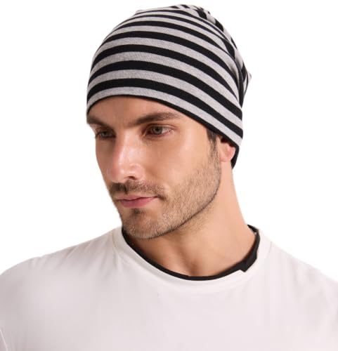 ZLYC Cotton Thin Slouchy Beanie Hat for Men Women Stretch Skull Cap - color: Striped Black and Gray, size: One Size