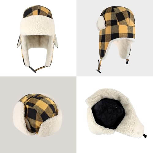 Buffalo Plaid Winter Trapper Hat, Sherpa Lined Ear Flap Hunting Cap Men - color: Buffalo Plaid (Gold)