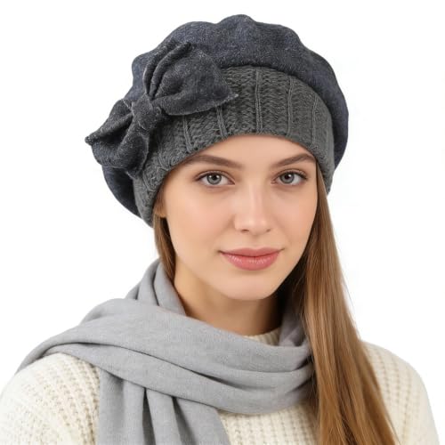 Women’s Vintage Wool Beret Winter Hats Elegant French Beret Beanie Dress Hat for Ladies - color: Grey