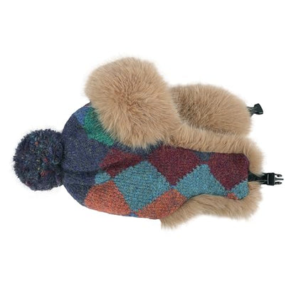 Women's Colorful Knit Trapper Hat with Faux Fur Ear Flaps & Pom Pom,Warm Winter Beanie Hat, Windproof Snow Skull Caps - color: Colorful-blue