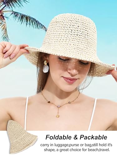 sy soul young Women's Straw Sunhat Wide Brim Hand Woven Beach Bucket Hat - color: Beige & Khaki