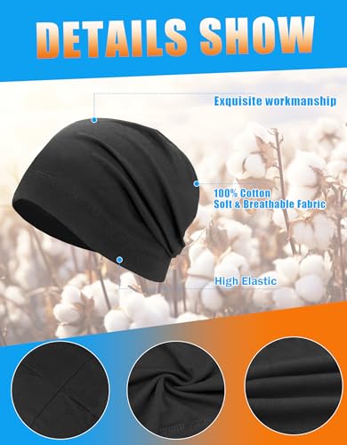 Cotton Summer Beanie Hats Lightweight Skull Caps Soft Thin Sleep Sleeping Hat Light Cancer Chemo Cap Helmet Liner - color: Black Packs