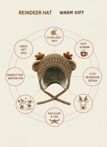 AIBEARTY Cute Deer Elk Antlers Baby Hat Winter Warm Plush Knitted Ear Warmer Bonnet Boys Girls Cap Beanie with Chin Strap - color: Coffee