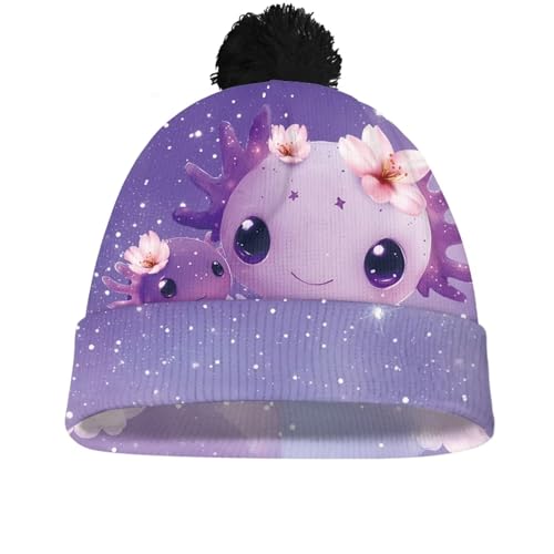 Girls Boys Winter Warm Knit Beanie Pompom Elasticity Slouchy Hat Skull Caps for Childrens - color: Galaxy Fly Axolotl