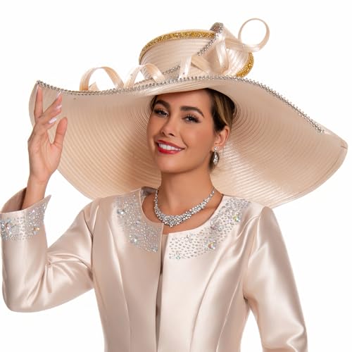 Women's Dramatic Giant Wide Brim Rhinestone Church Hat Statement Turban Fascinator for Wedding Chapel Baptist Sunday - color: 17-beige