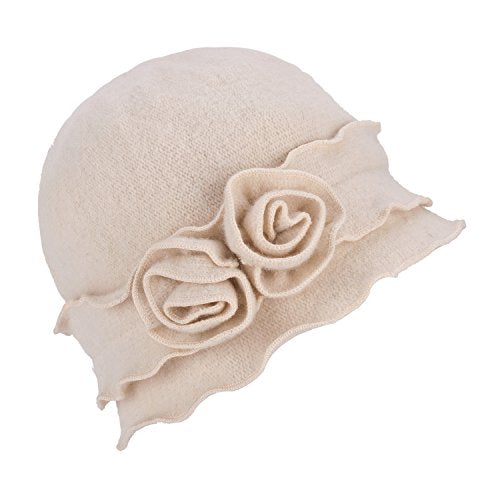 Womens Gatsby 1920s Winter Wool Cap Beret Beanie Crochet Bucket Flower Hat A285 - color: White