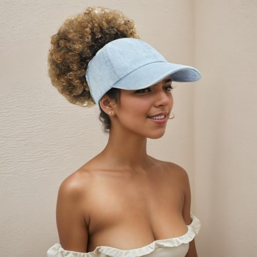 2 Pack Backless Cap for Women Natural Curly Hair Hat Baseball Cap Afro Puff Ponytail Hat - color: Light Blue+blue
