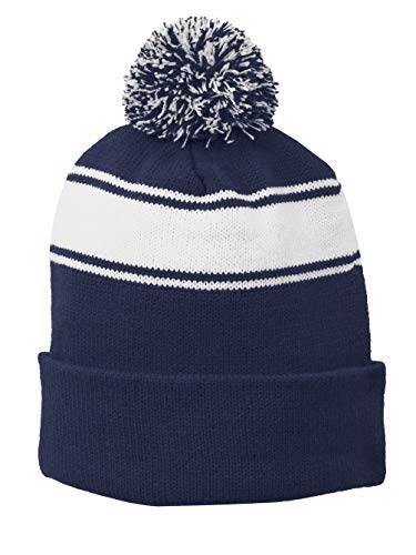 TOP HEADWEAR Unisex Men's Women's Stripe Pom Pom Beanie - color: Navy/White